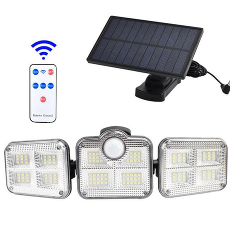 Solar Powered Outdoor Security Light with Motion Sensor and Remote Control - 122 LEDs, 3 Adjustable Heads, 3 Lighting Modes