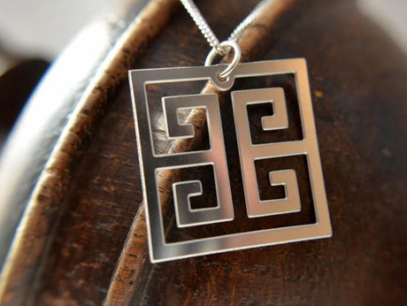 Stainless Steel Greek Key Necklace with Silver-Filled Chain