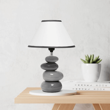 14.7" Stacked Ceramic Stone Table Lamp wih White Empire Shade, Gray