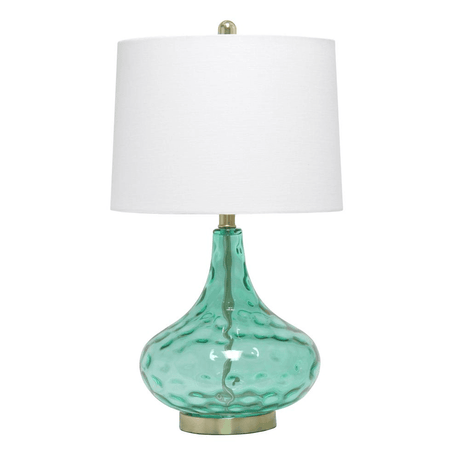 24" Refined Bubbly Table Lamp with White Linen Tapered Drum Shade, Seafoam Green