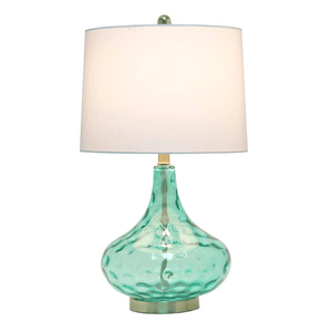 24" Refined Bubbly Table Lamp with White Linen Tapered Drum Shade, Seafoam Green