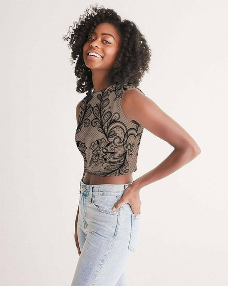 Black and Nude Lace Twist-Front Jersey Crop Tank with Stylish Twist