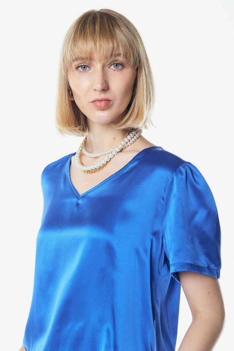 Blue Silk V-Neck Blouse with Sophisticated Shimmer