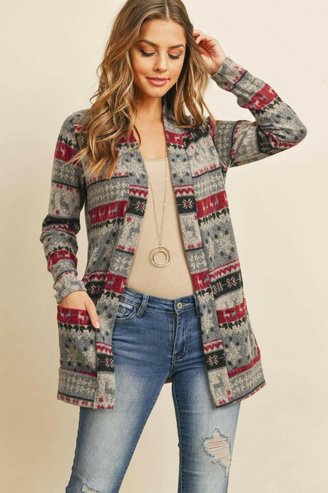 Bohemian Print Long Sleeve Cardigan with Front Pockets