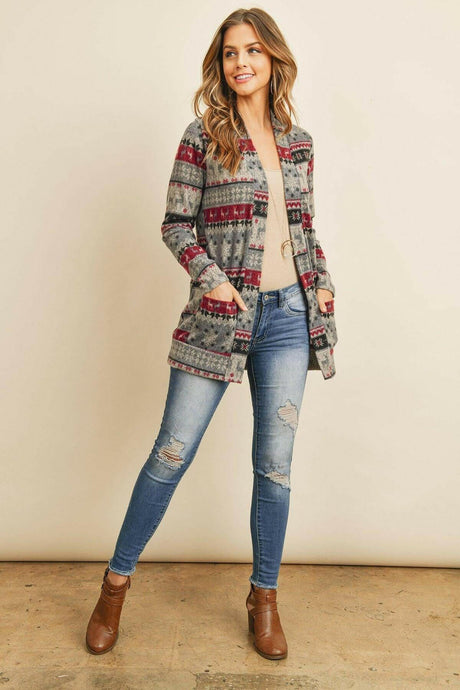 Bohemian Print Long Sleeve Cardigan with Front Pockets