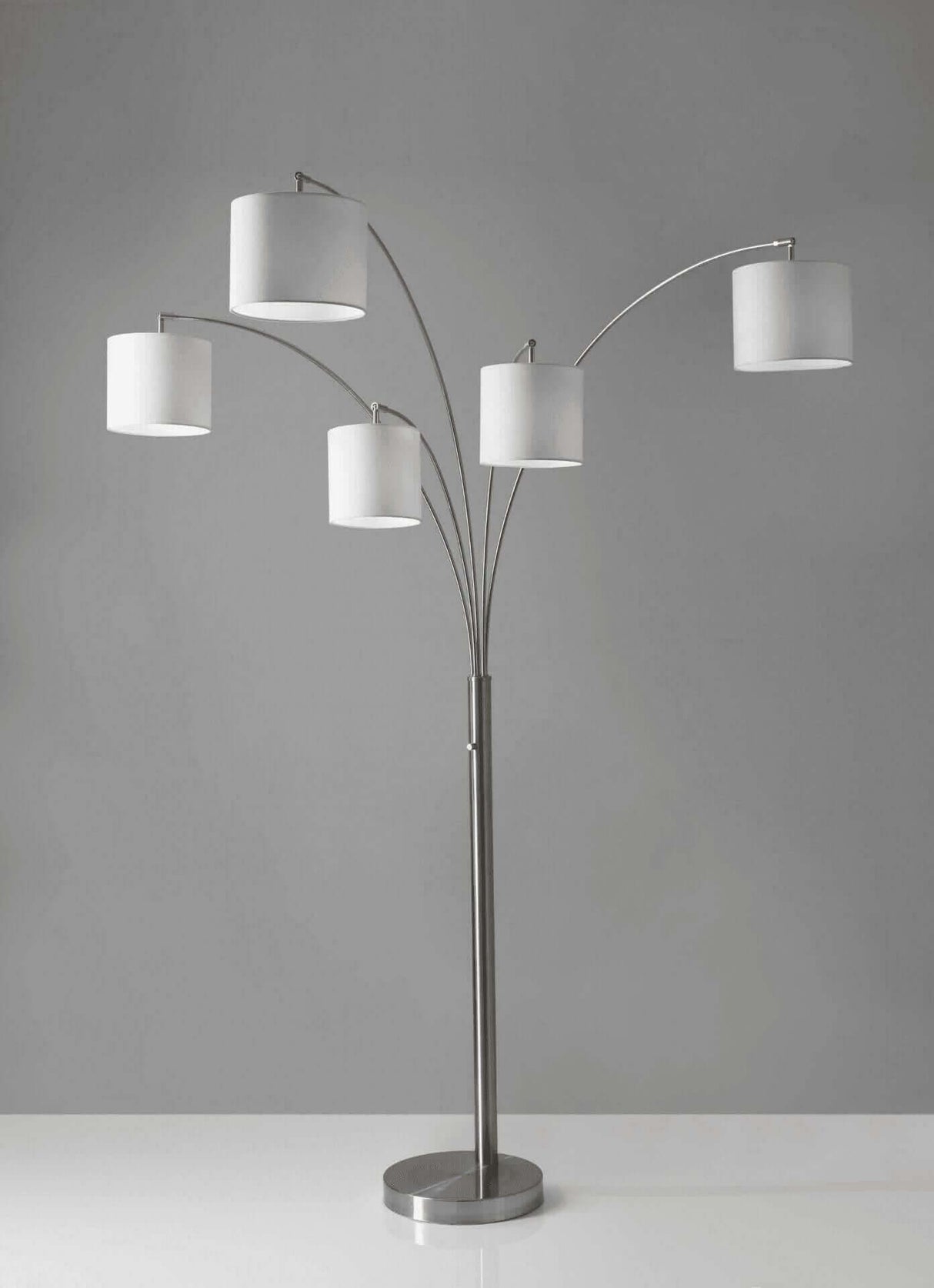 Brushed Steel Floor Lamp with Five White Drum Shades