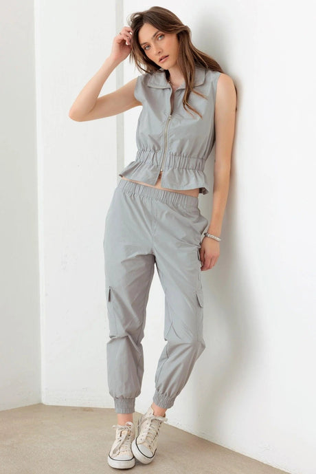 "Chic & Cozy Grey Zip Top Vest & Cargo Jogger Set - Stay on Trend! #FashionGoals"