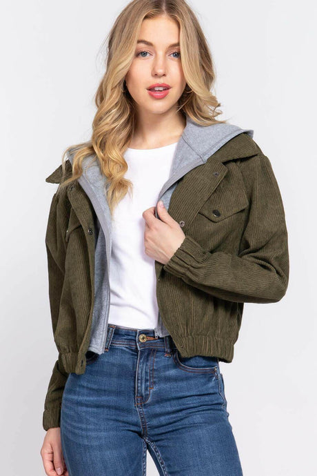 Cozy Olive Hooded Corduroy Jacket with Long Sleeves