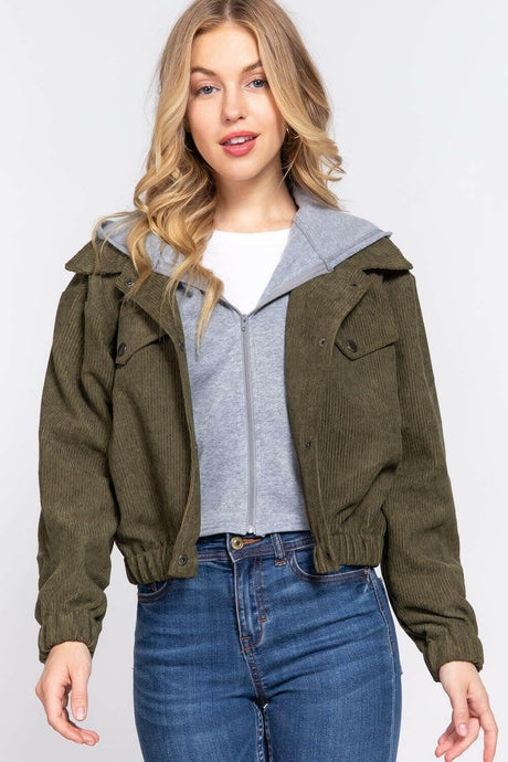 Cozy Olive Hooded Corduroy Jacket with Long Sleeves