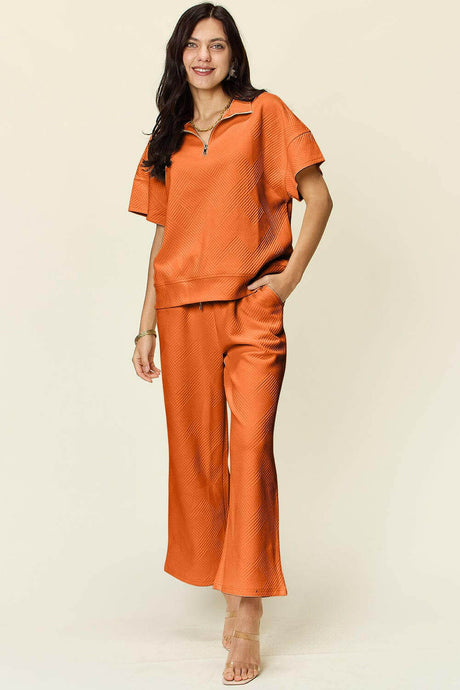 Double Take Full Size Texture Half Zip Short Sleeve Top and Pants Set