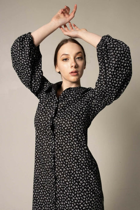 Elegant Black Floral Italian Cotton Shirt Dress with Oversized Sleeves