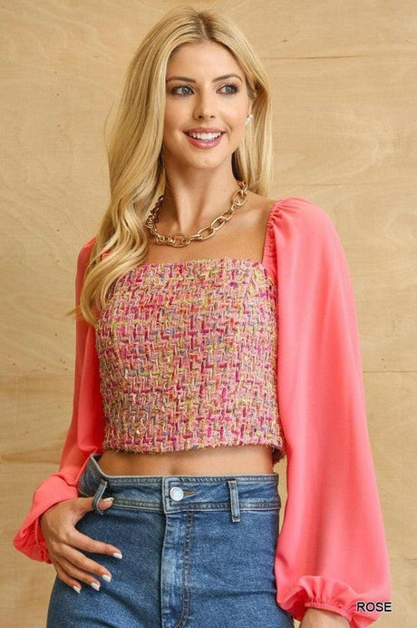 Elegant Tweed and Chiffon Square Top with Back Zipper in Romantic Rose