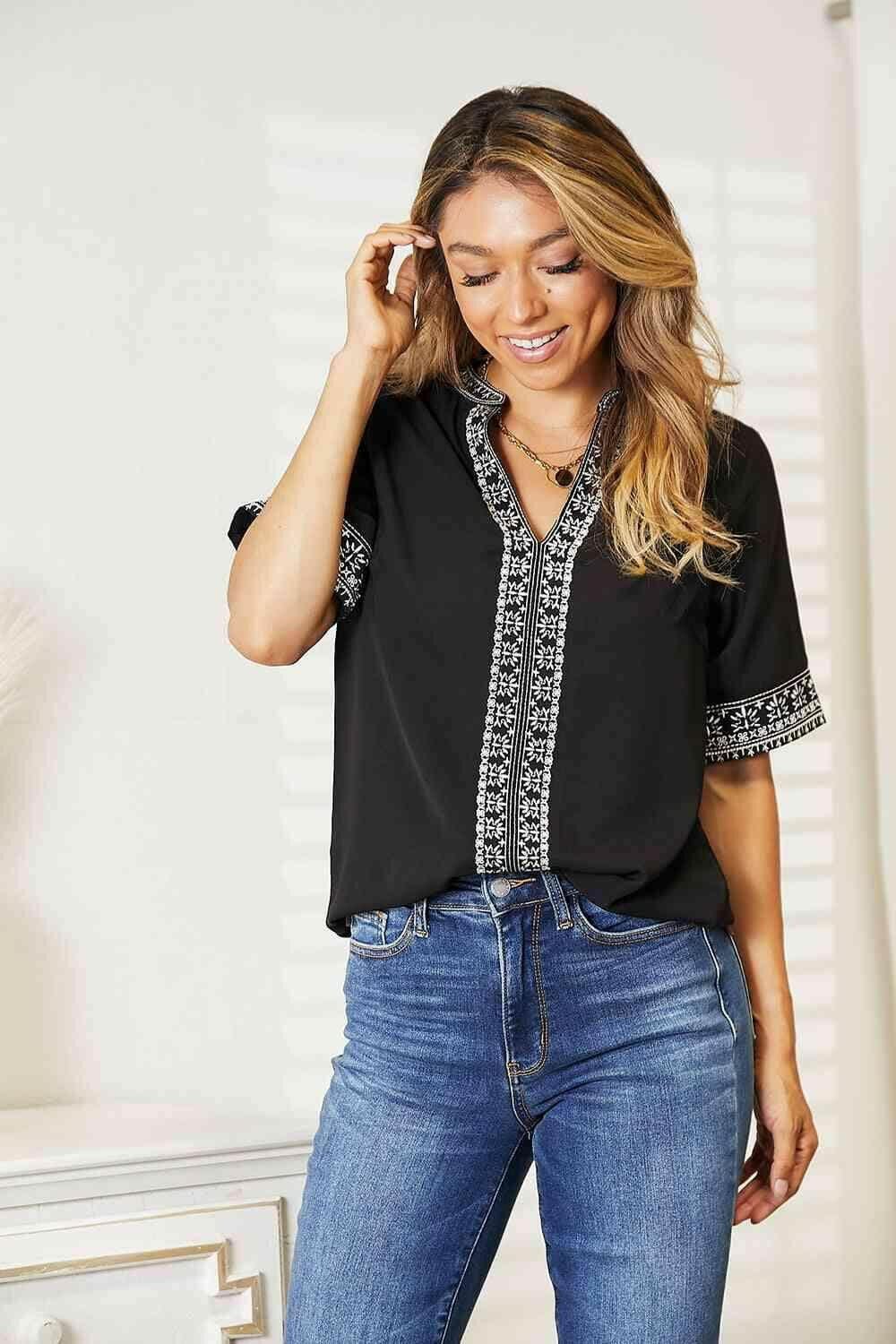 Embroidered Notched Neck Top with Double Take
