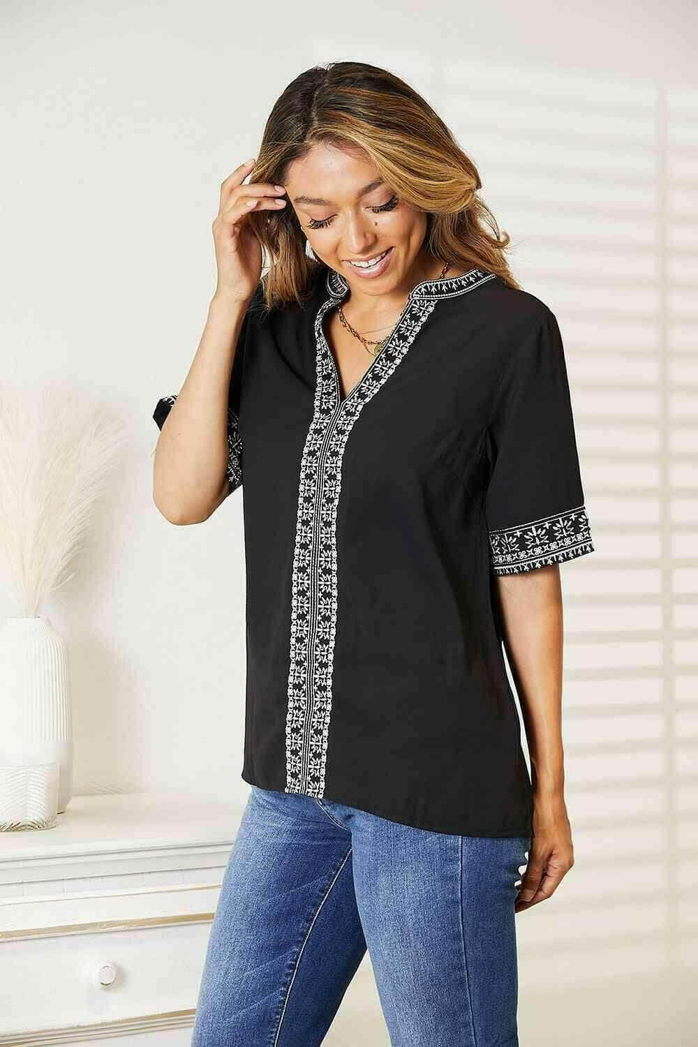 Embroidered Notched Neck Top with Double Take