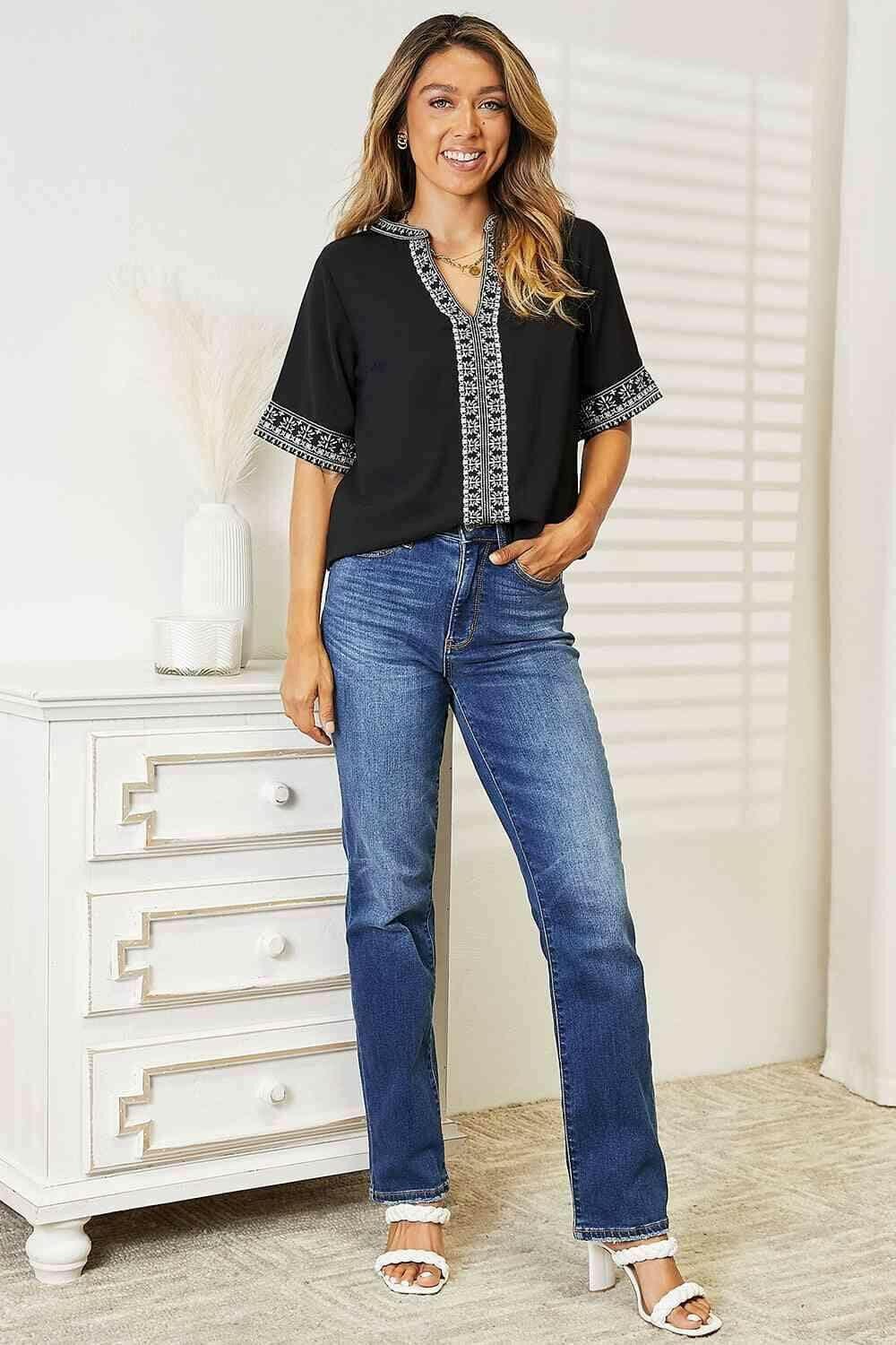 Embroidered Notched Neck Top with Double Take