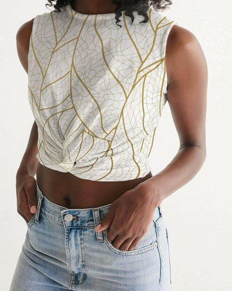 Golden Leaves Twist-Front Crop Top for Yoga and Casual Wear