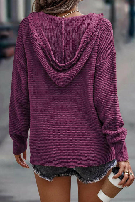 Hooded V-Neck Drop Shoulder Sweater with Ribbed Knit Texture