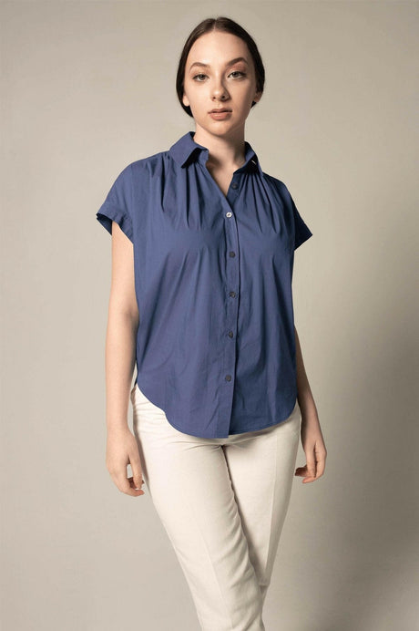 Navy Blue Women's Shirt with Ruched Collar