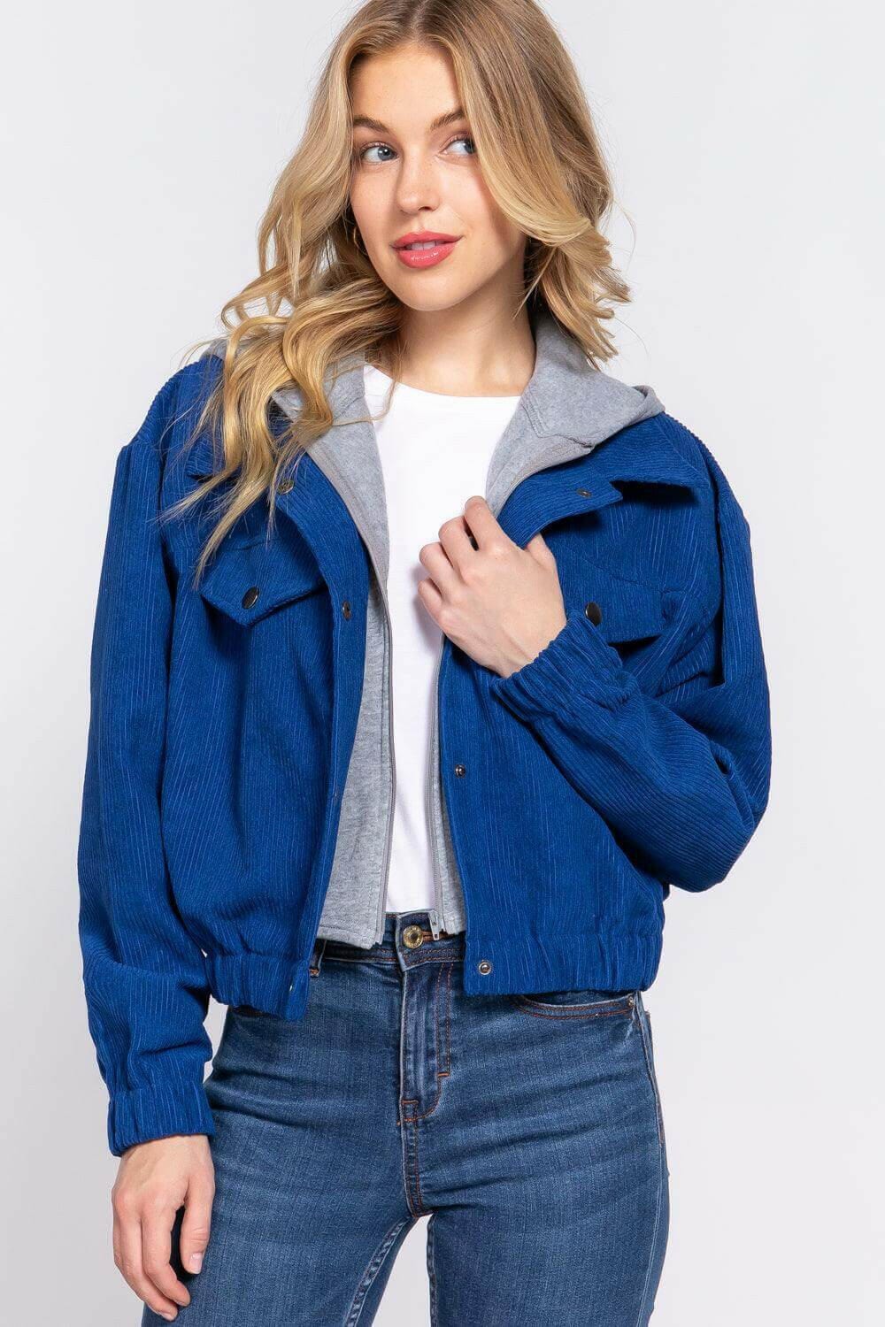 Navy Corduroy Hooded Jacket with Long Sleeves