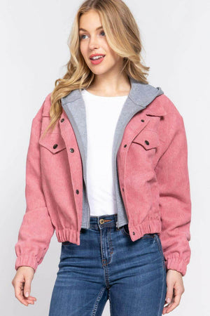 Pink Corduroy Hooded Jacket with Long Sleeves