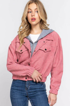 Pink Corduroy Hooded Jacket with Long Sleeves