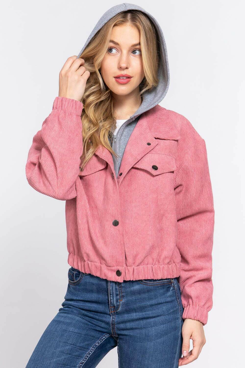 Pink Corduroy Hooded Jacket with Long Sleeves