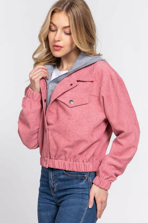 Pink Corduroy Hooded Jacket with Long Sleeves