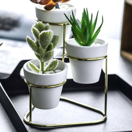 Pottery Planters Trio with Gold Metal Stands