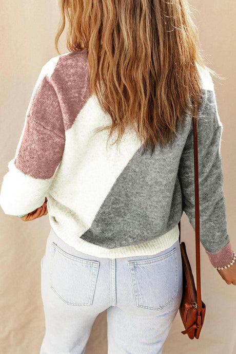 Ribbed Trim Round Neck Sweater with 3-Color Block Design