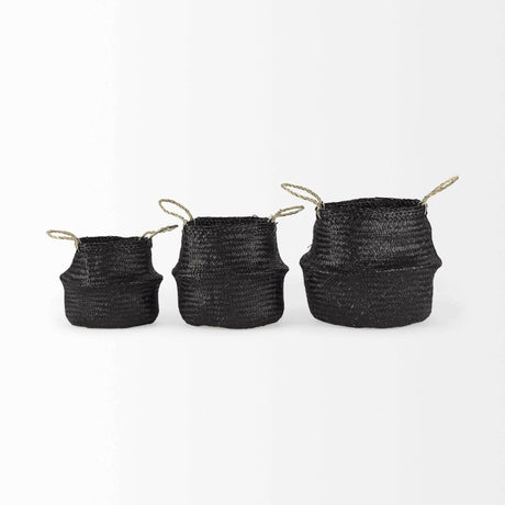 Set Of Three Elegant Black Wicker Storage Baskets