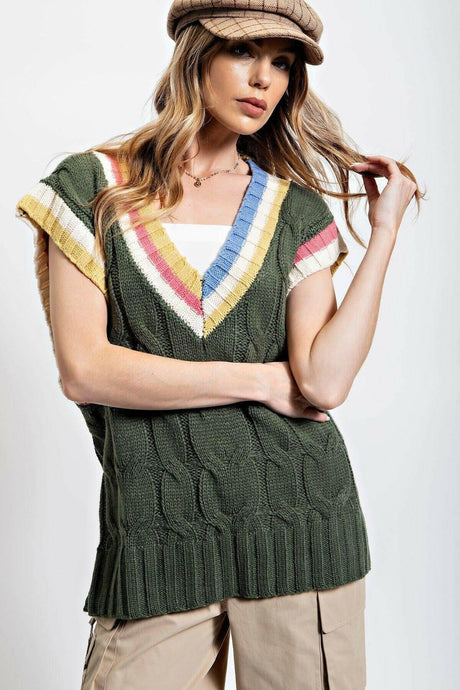 Sleeveless Forest Green Cable Knit Oversized Sweater Vest