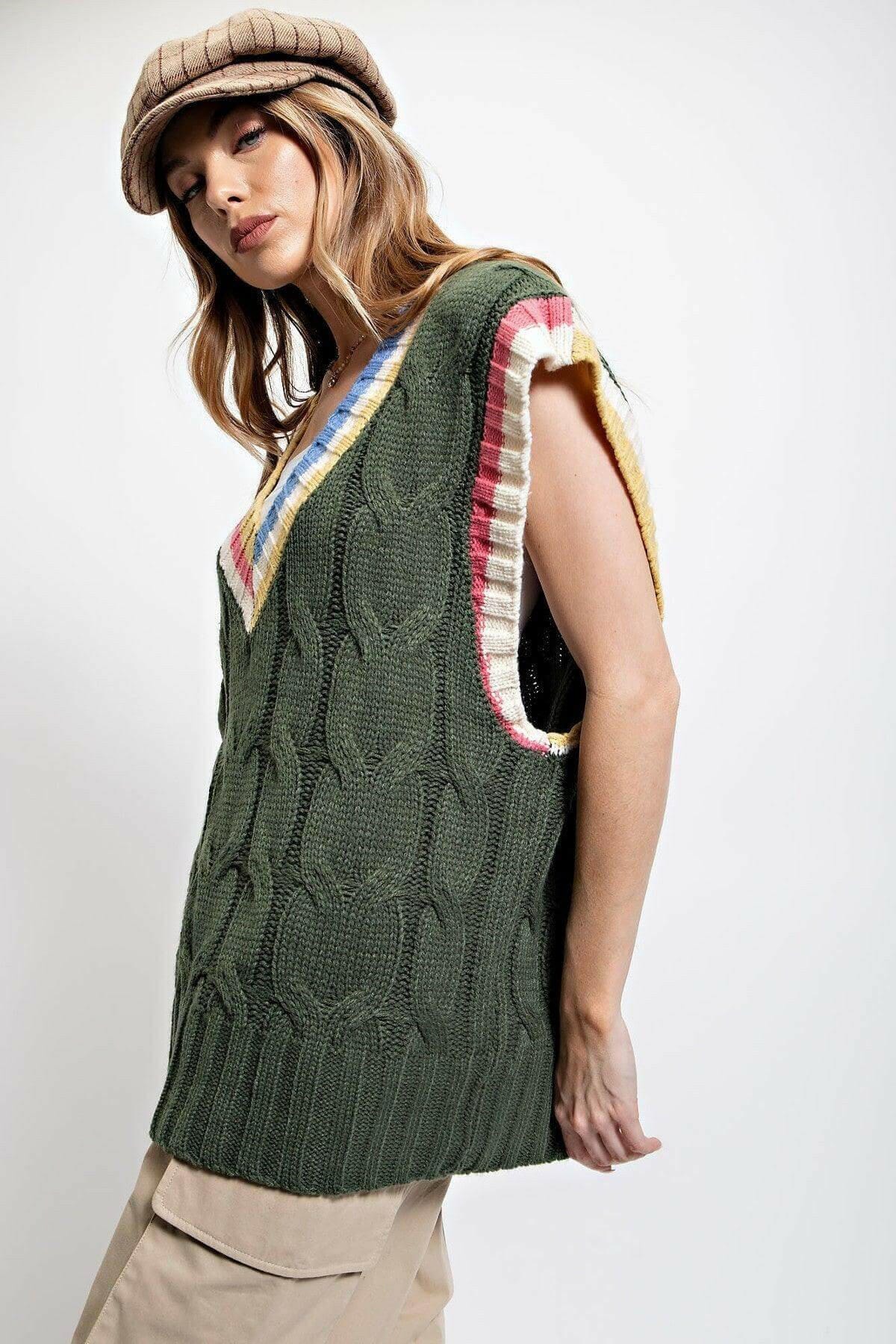 Sleeveless Forest Green Cable Knit Oversized Sweater Vest
