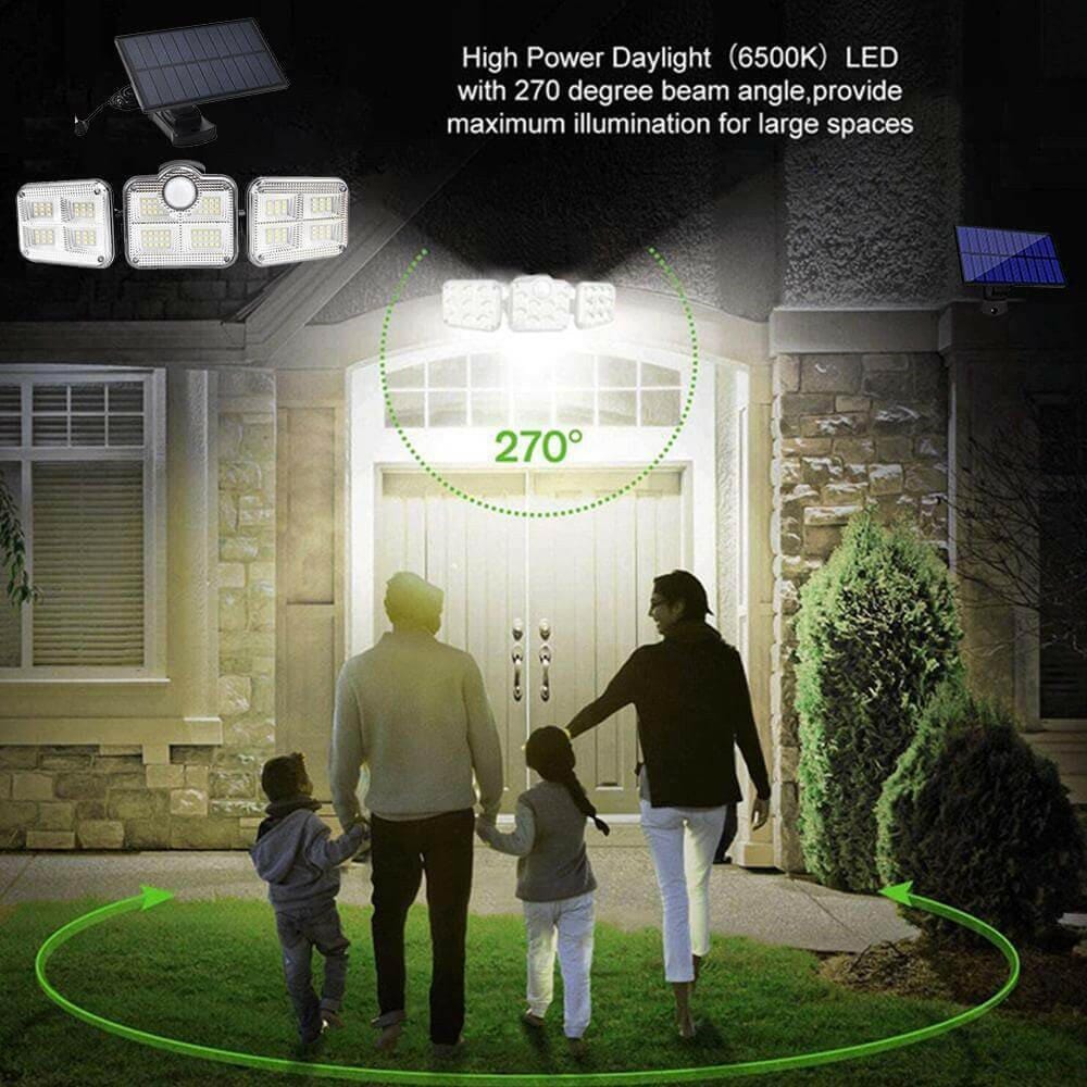 Solar Powered Outdoor Security Light with Motion Sensor and Remote Control - 122 LEDs, 3 Adjustable Heads, 3 Lighting Modes