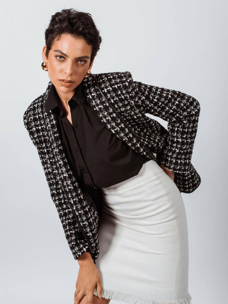 Sophisticated Black and White Tweed Jacket for Stylish Women