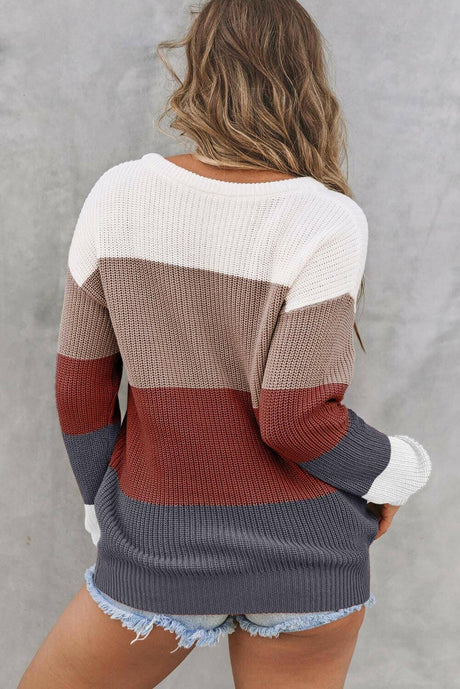 Statement Color Block Striped Knit O-Neck Sweater