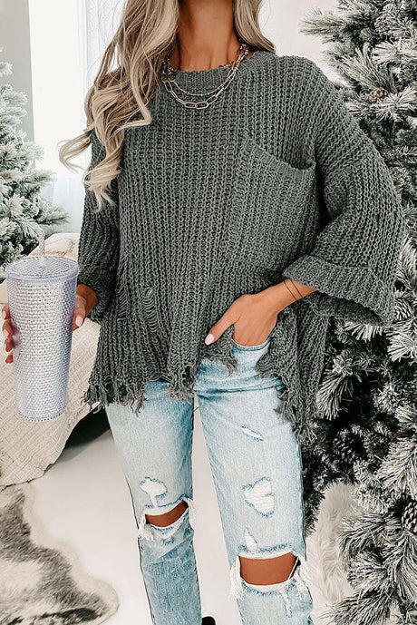 Statement Oversized Knit Pullover with Distressed Details