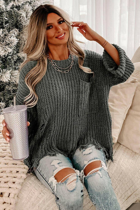 Statement Oversized Knit Pullover with Distressed Details