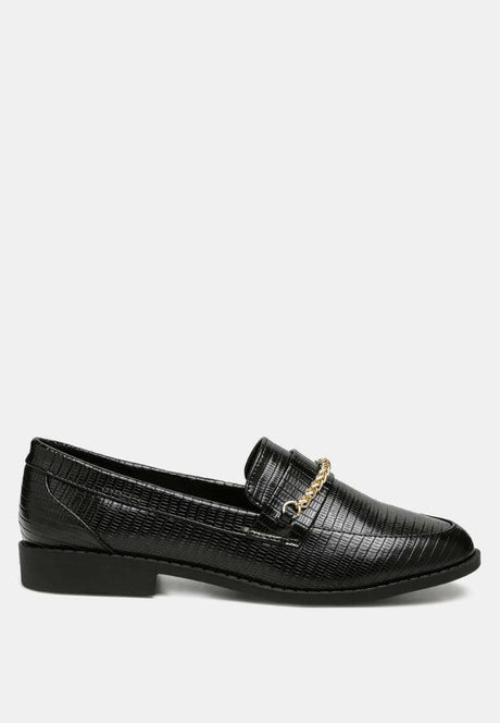 Stylish Black Loafers with Elegant Gold Chain by Vouse