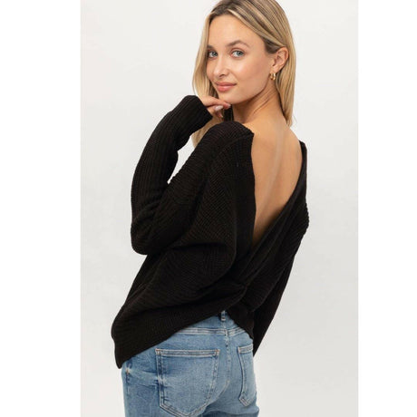 Twisted V-Neck Sweater with Open Back