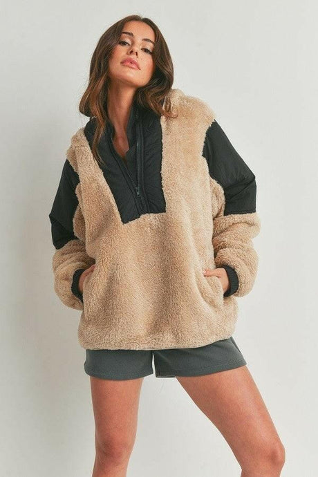 Two-Toned Taupe and Black Hooded Sweater for Cozy Style