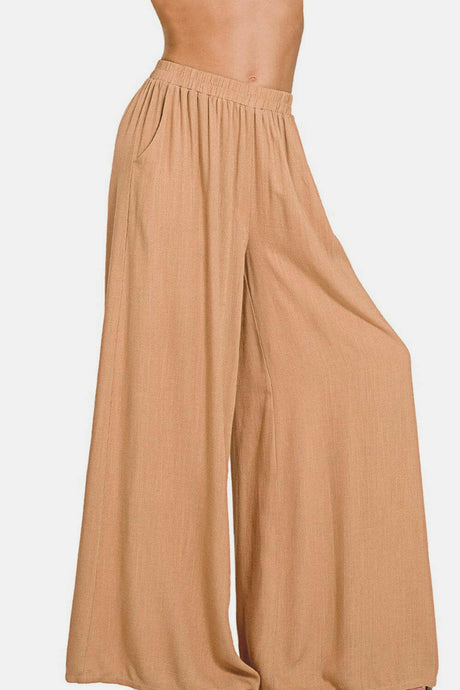 Zenana Pleated Linen Blend Wide Leg Pants